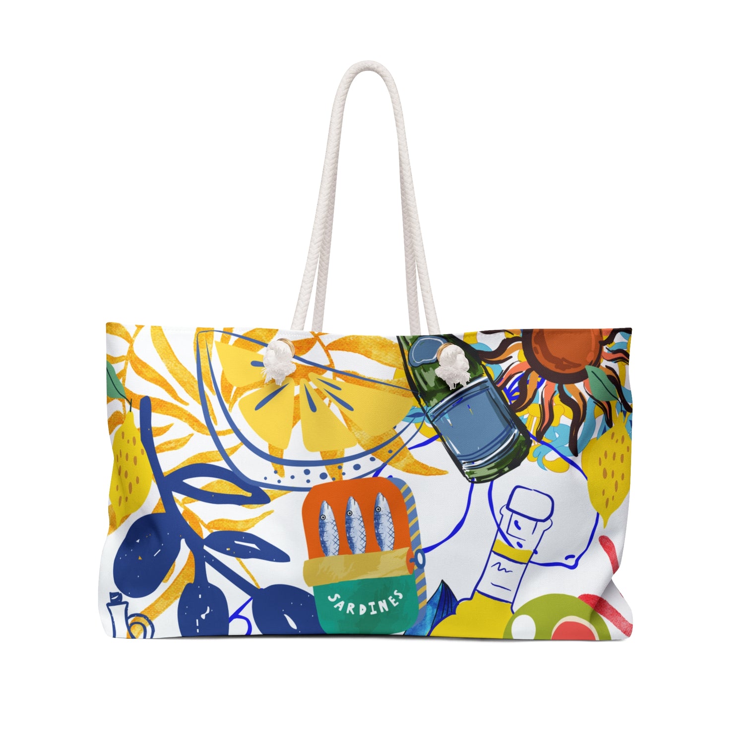 "Italia on the Go" Weekender Bag — Vibrant Summer Market Tote with Lemons, Apero, Sardines and all that good stuff!