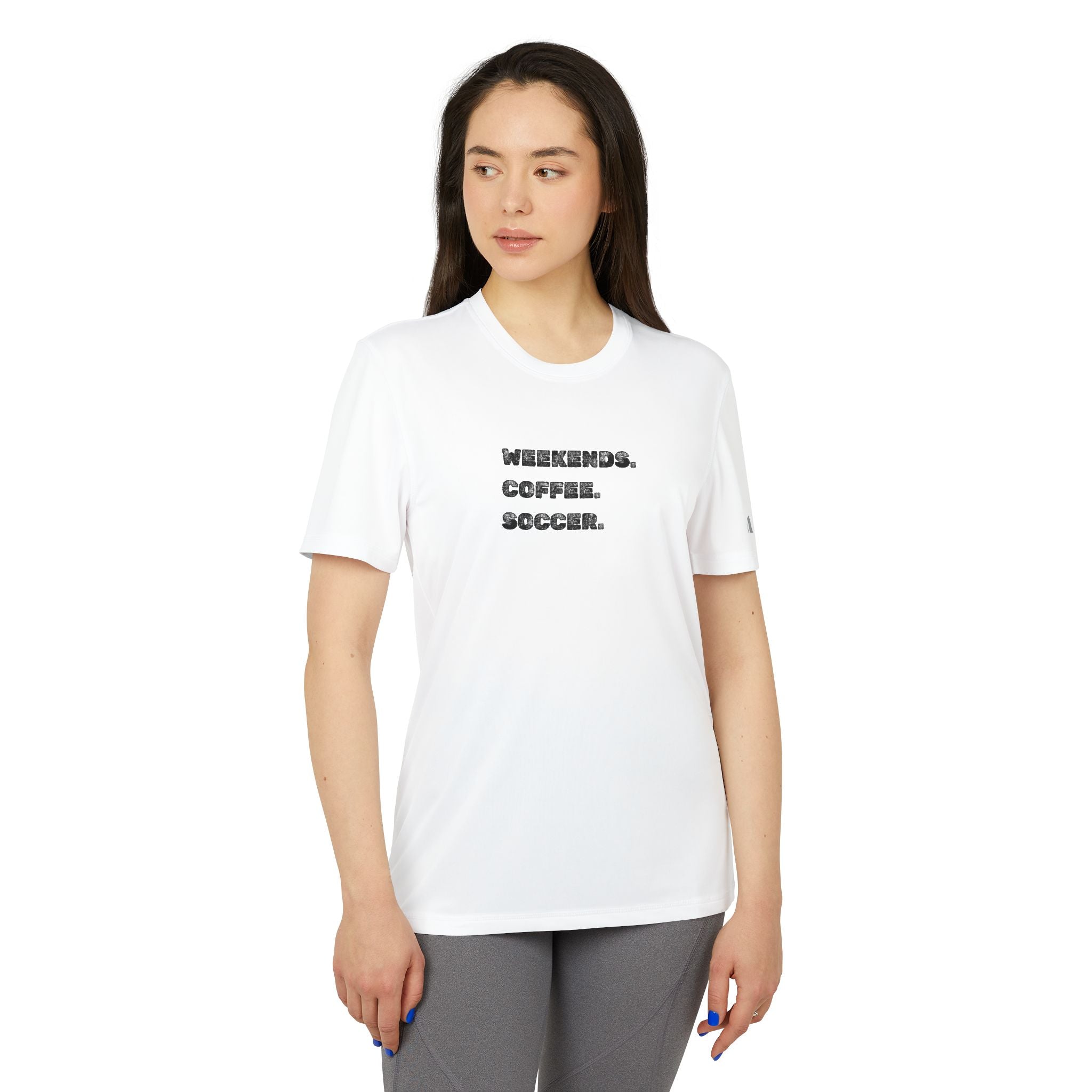 Weekends. Coffee. Soccer. adidas Unisex Sport T-shirt with 50+ UVProtection