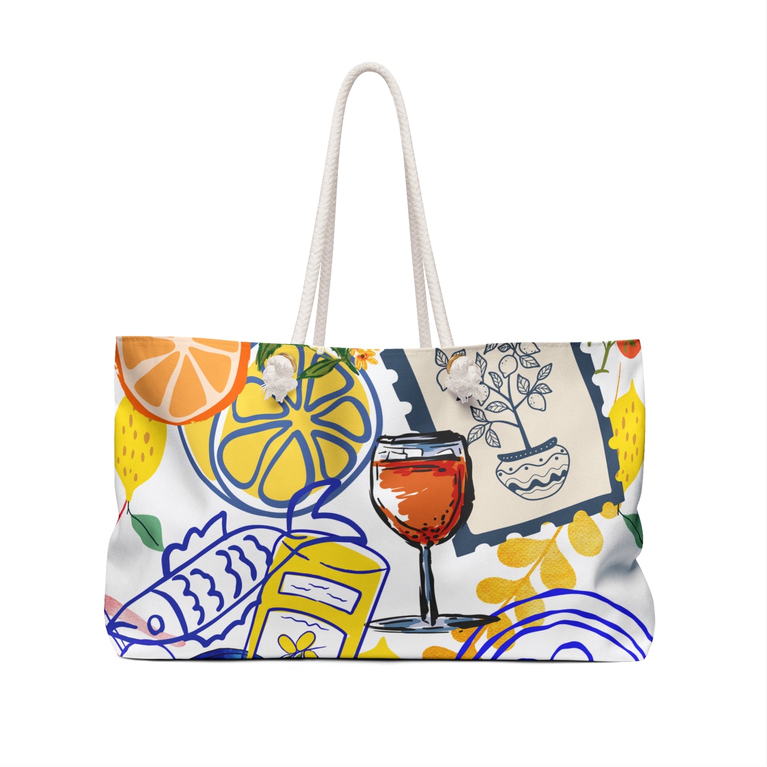 "Italia on the Go" Weekender Bag — Vibrant Summer Market Tote with Lemons, Apero, Sardines and all that good stuff!
